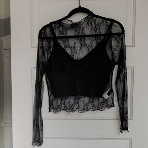 Cider Black Sheer Lace Long Sleeve Crop Top